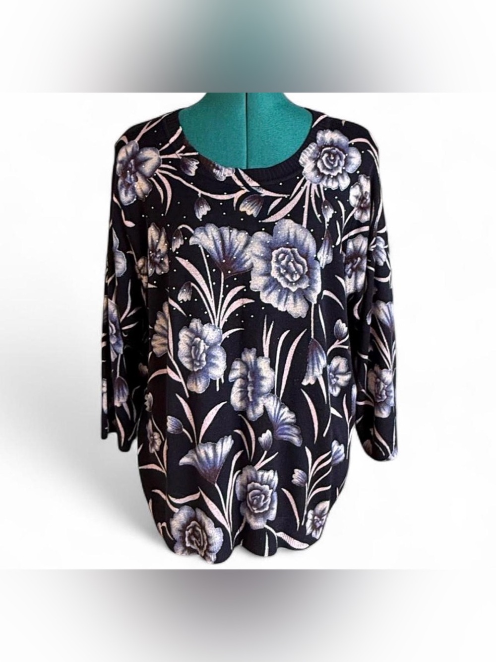 C. D. Daniels Black Floral Knit Sweatshirt with Lavender-Toned Blooms